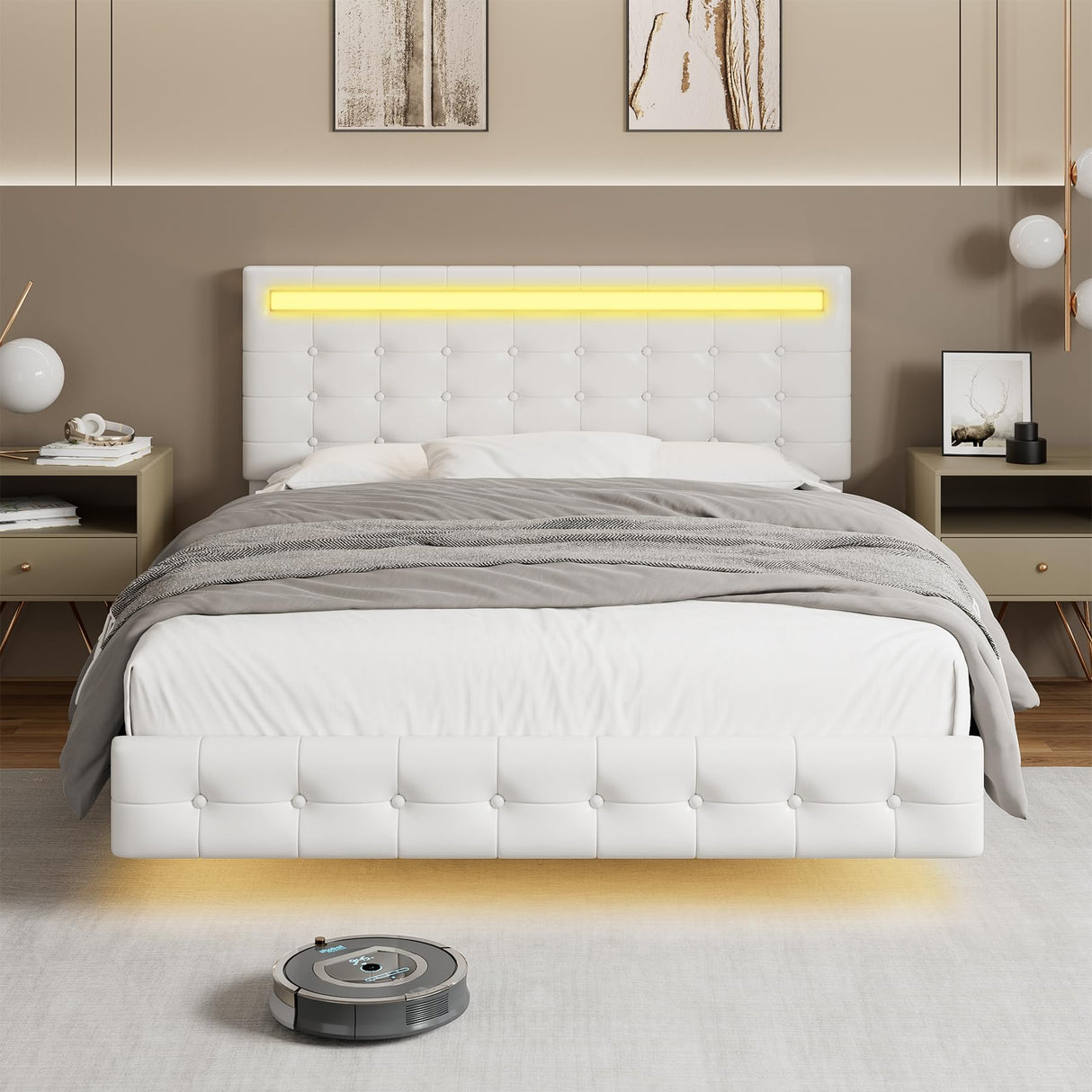 Keyluv Modern Floating Bed Frame with Adjustable LED Lights and Upholstered Leather Headboard - White Keyluv