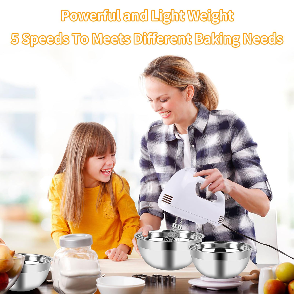 WEPSEN Hand Mixer Electric Mixing Bowls Set, 5 Speeds Handheld Mixer with 4 Nesting Stainless Steel Mixing Bowl, Measuring Cups Spoons 200W Kitchen Blender Whisk Beater Baking Supplies For Beginner WEPSEN