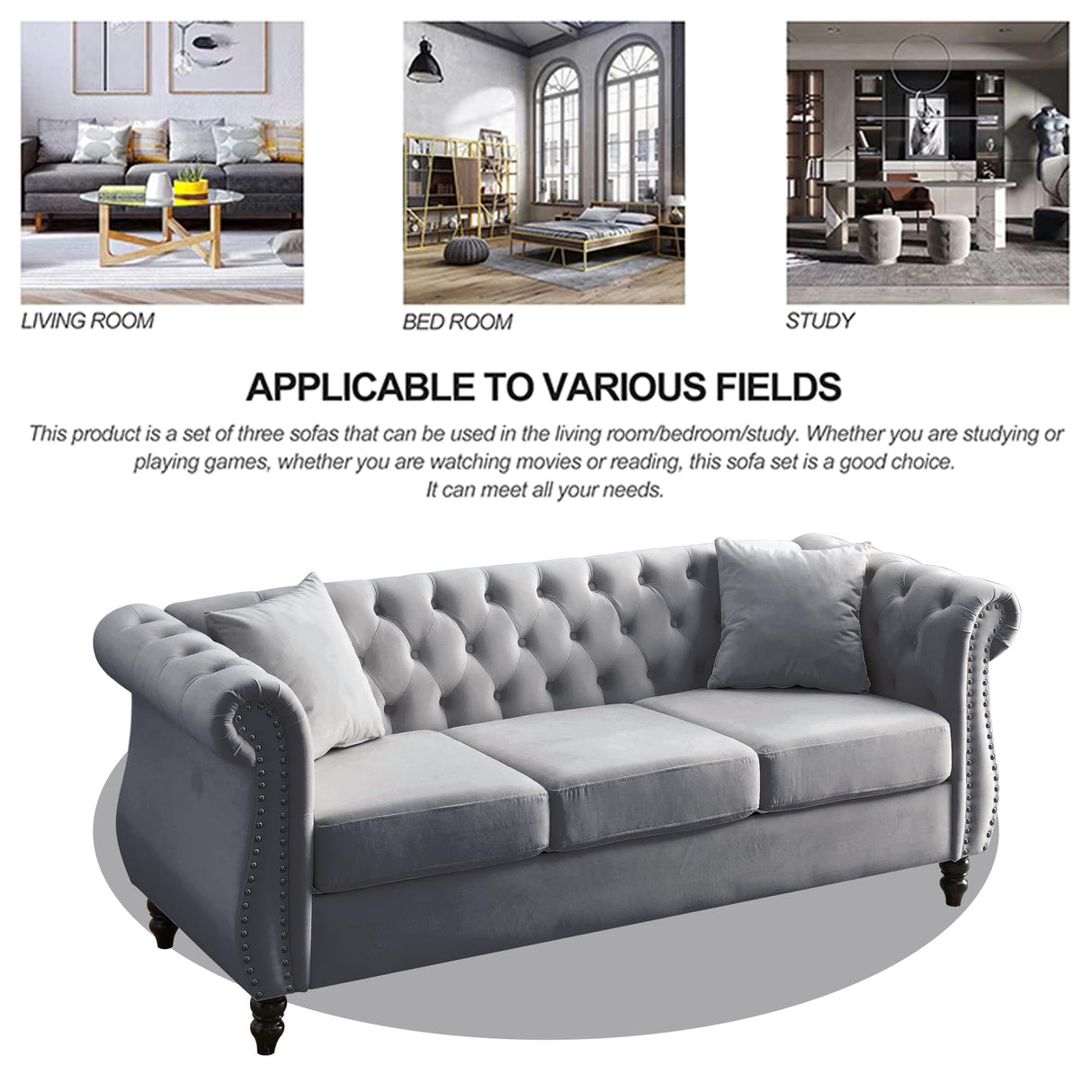 ATUMON 2 Piece Chesterfield Velvet 80“ 3-Seater and 59" Loveseat Sofa Set,Tufted Couch with 4 Pillows,Rolled Arms and Nailhead for Living Room, Bedroom, Office Grey ATUMON