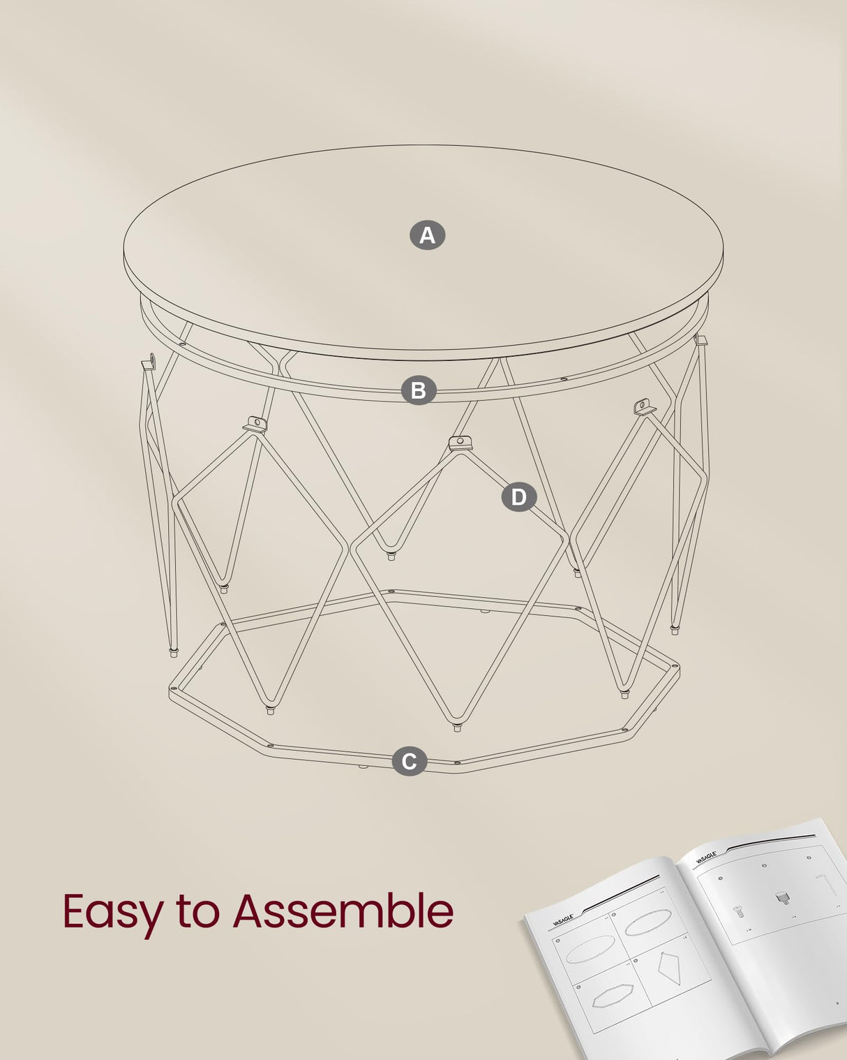 VASAGLE Round Coffee Table for Living Room, Cage Cocktail Table with Steel Frame, 31.5 Inches Dia., Industrial Style, Rustic Brown and Black ULCT040B01 VASAGLE