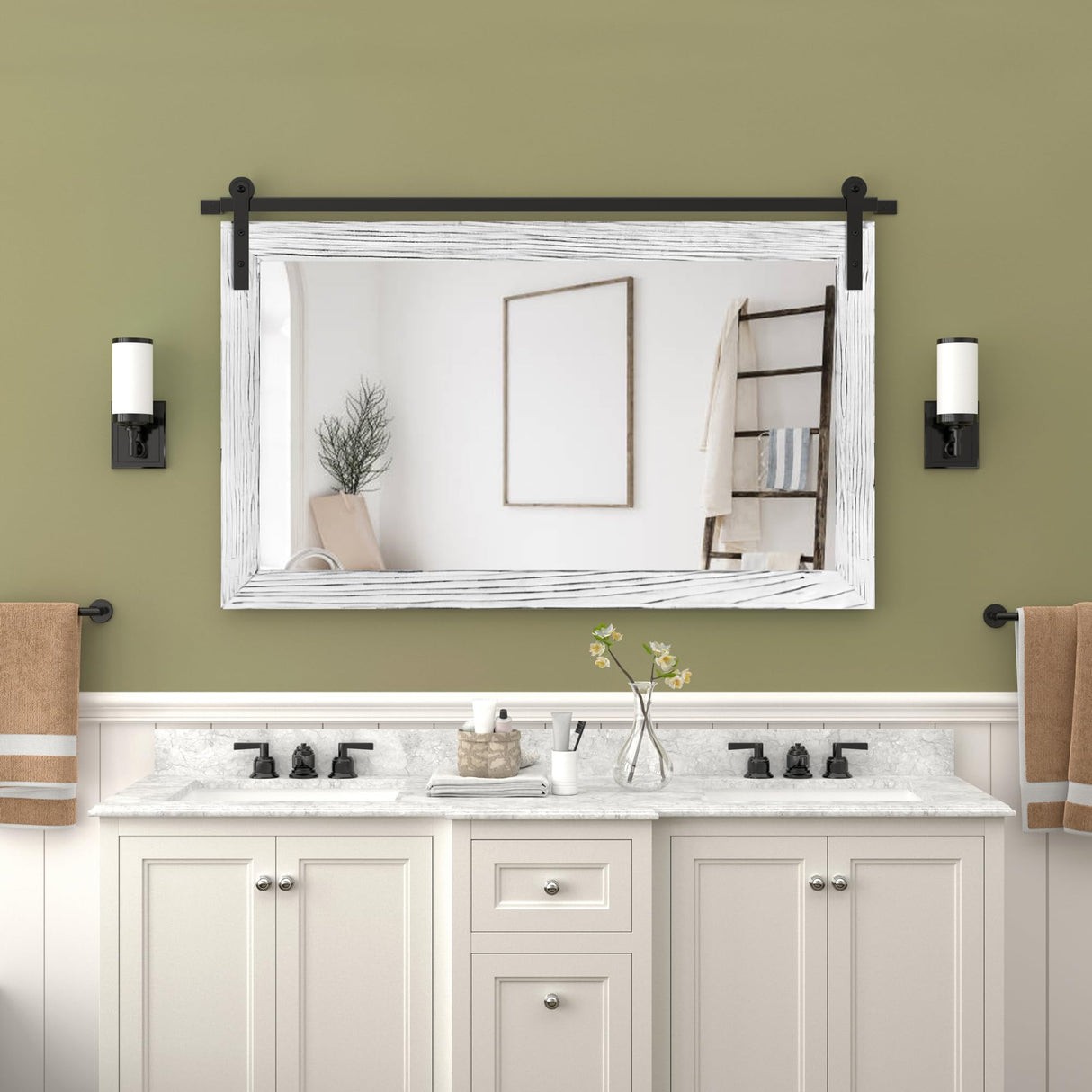 COGOOD Farmhouse Barn Door Mirror - 41" x 26" Rustic Wood Framed Wall Mirror for Bathroom, Living Room, Bedroom Wall Decor (White) COGOOD