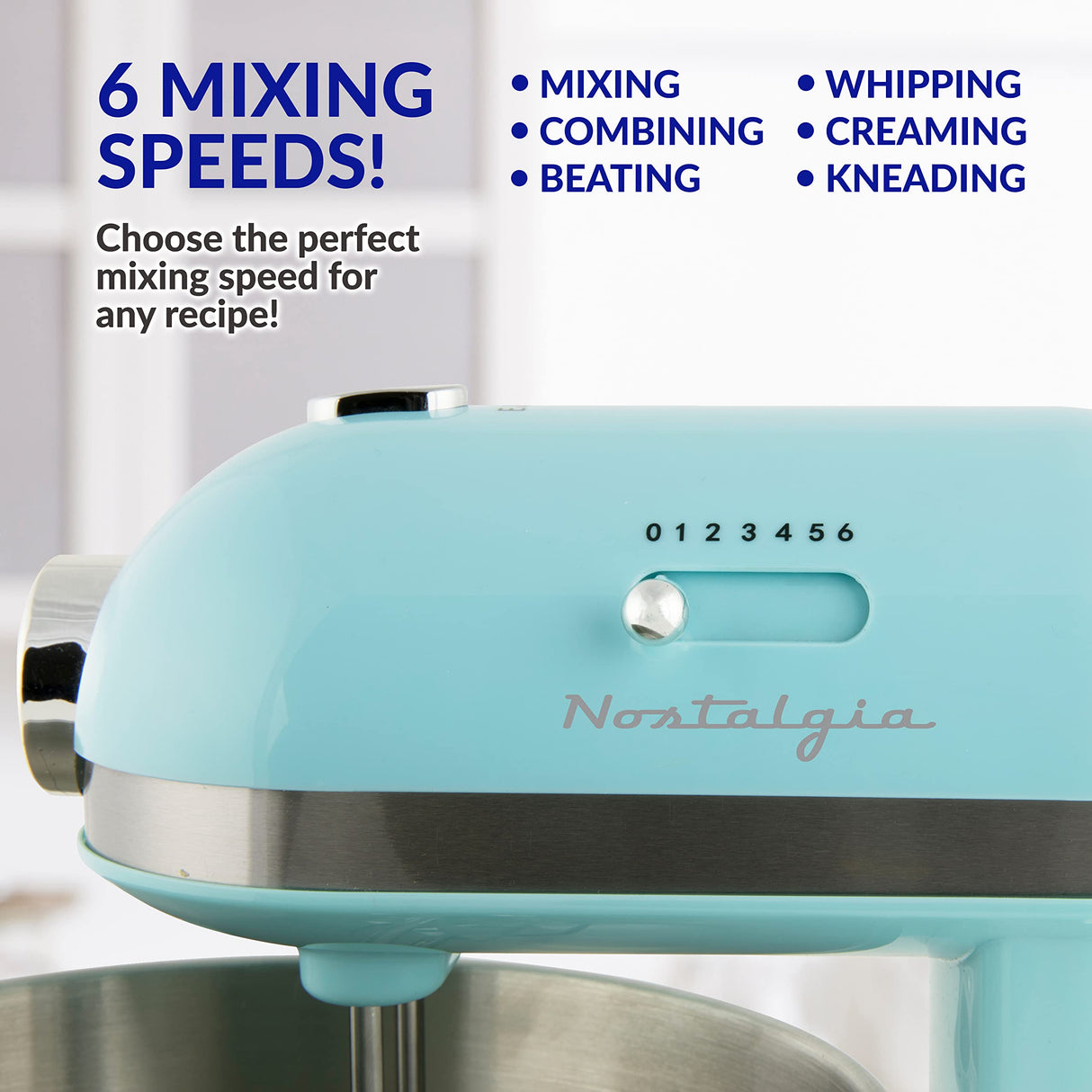 Nostalgia Classic Retro Professional 3.5 Qt Stand Mixer with Tilt Head and Stainless Steel Bowl, Six-Speed, Includes Dough Hooks and Beaters, Aqua Nostalgia