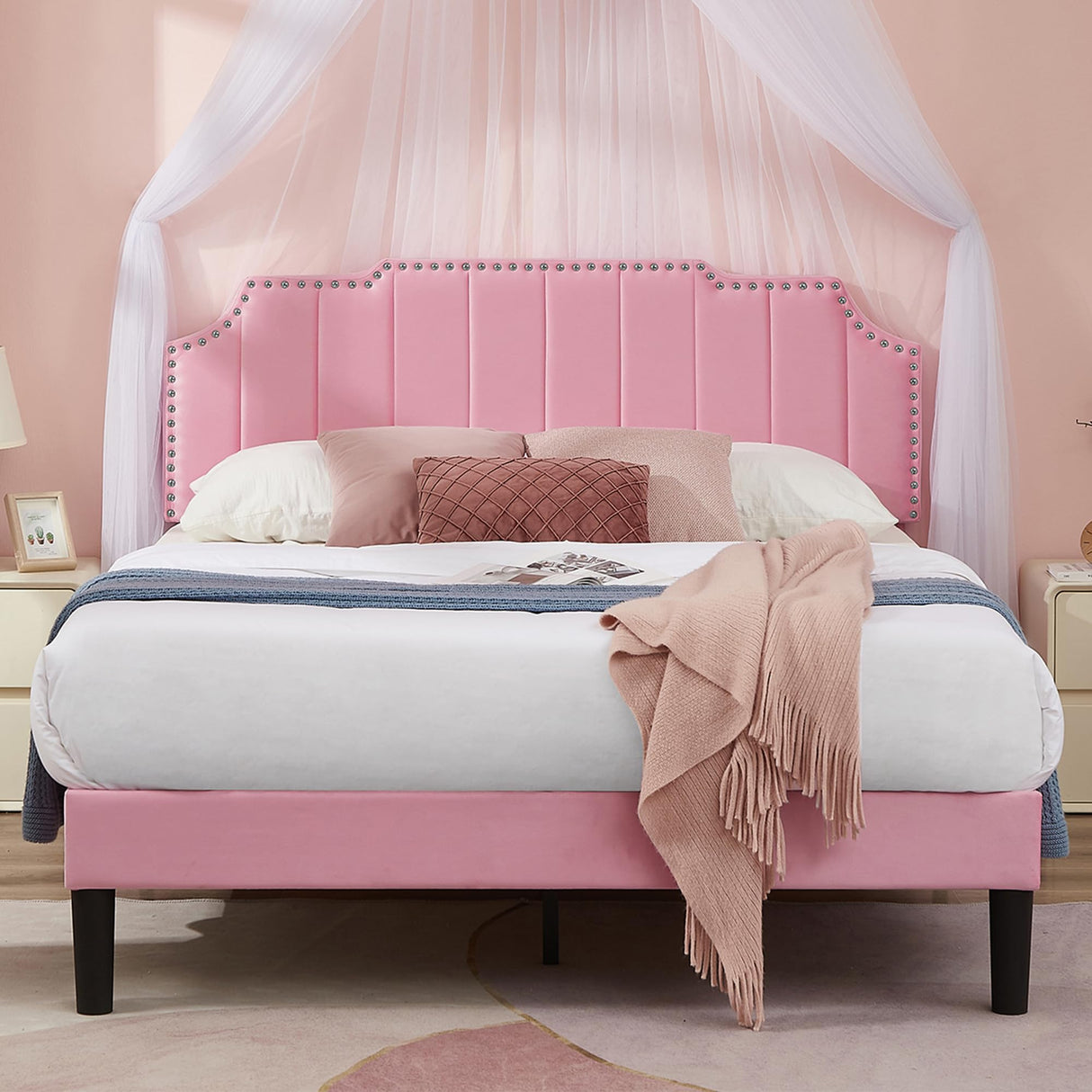 VECELO Full Size Upholstered Platform Bed Frame with Tufted Adjustable Headboard/Mattress Foundation/Wood Slat Support,Easy Assembly,Pink VECELO