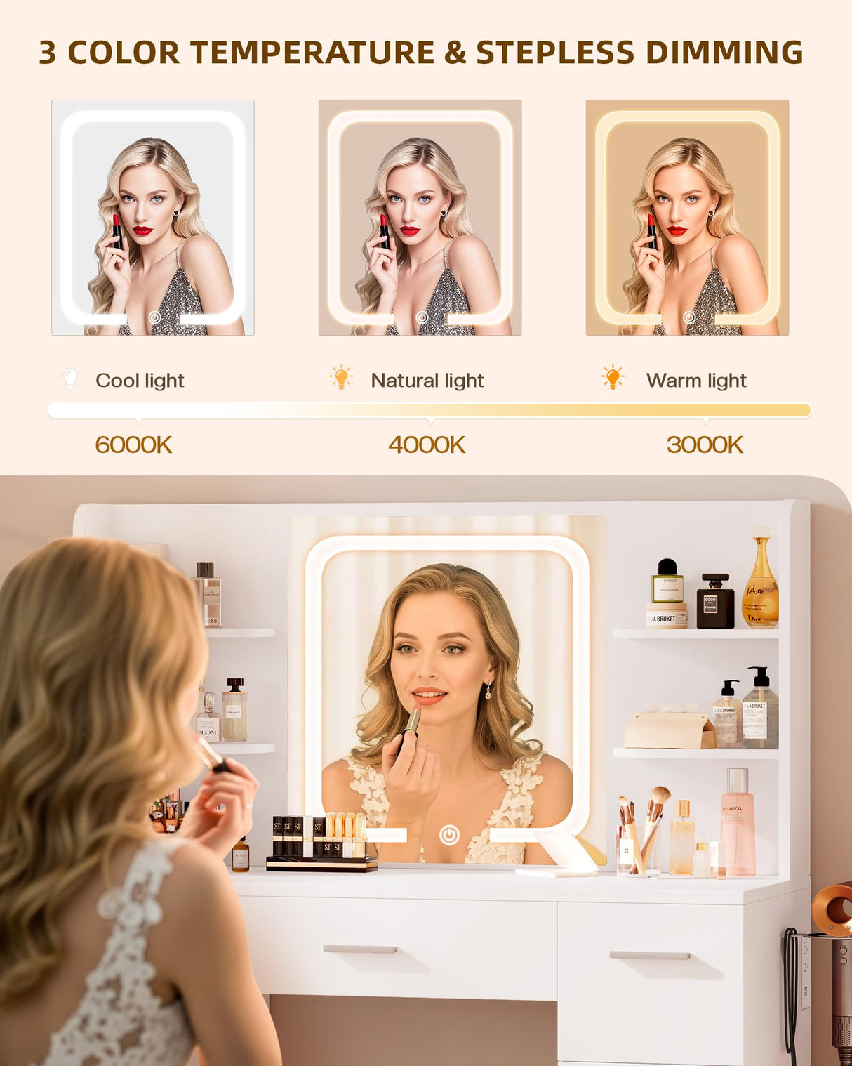 LIVELYGLOW Large Makeup Vanity Desk, 43.3”W x 15.7“D x 53.2”H, White (Large Desktop, Samrt LED Mirror, 4 Open Shelves, 7 Drawers, Hairdryer Rack, Power-Outlet, No Cushion Stool Included) LIVELYGLOW