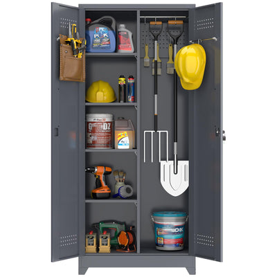 72.8" H Locking Garage Storage Cabinet, Metal Lockable Storage Cabinets with Doors and Shelves, Grey Broom Closet Storage Cabinet, Broom and Mop Utility Cabinet for Home,Kitchen,Garage