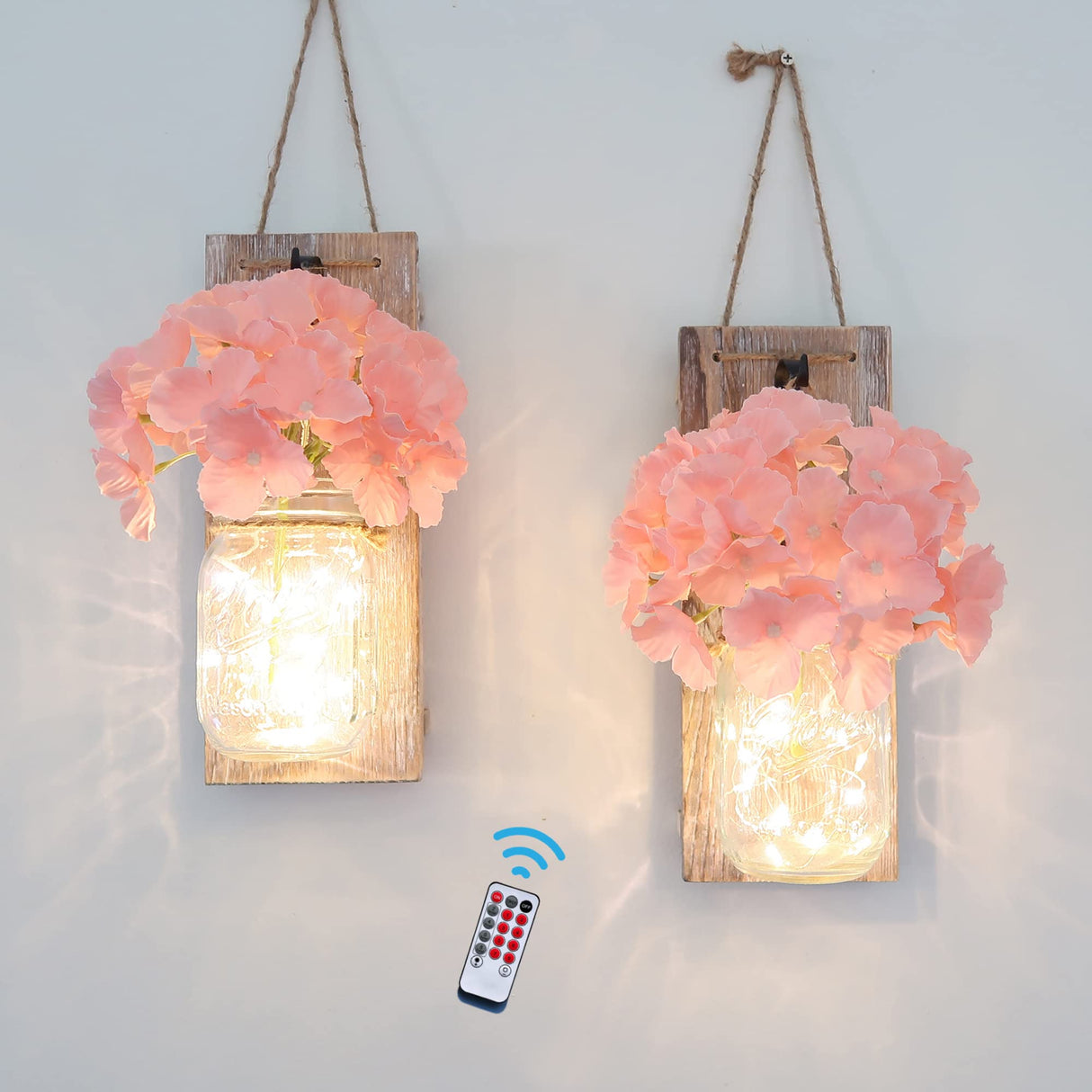 Besuerte Mason Jar Wall Decor Set of 2, Farmhouse Decor Living Room, Hanging Wall Decor with Remote Fairy Light and Rose Eucalyptus Flowers, Country Inspirational Rustic Wall Decor, Rustic Brown Besuerte