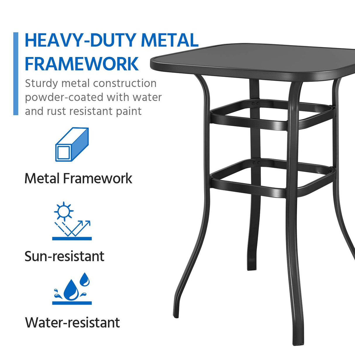Yaheetech Metal Frame Patio Bar Table Tempered Glass, Height High Top Outdoor Pub Height Bistro Square Glass Side Table for Balcony Backyard Poolside, Black Yaheetech