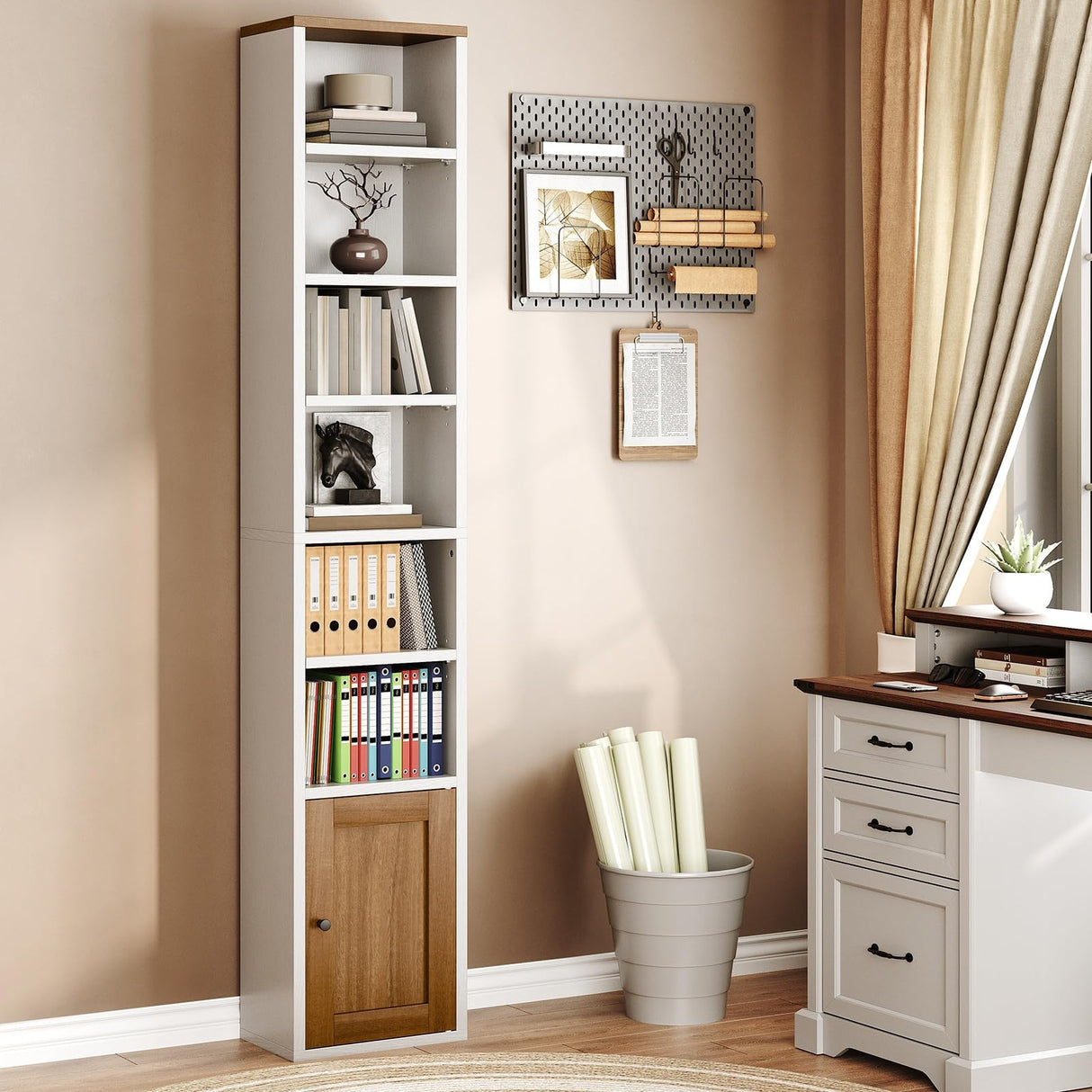 RALGEND 7-Tier Tall Narrow Bookshelf with Door Set of 2, 71 Inches CD DVD Slim Media Tower Rack with Storage Cabinet, Adjustable Shelves, Skinny Display Bookcase for Home Office, White and Walnut RALGEND