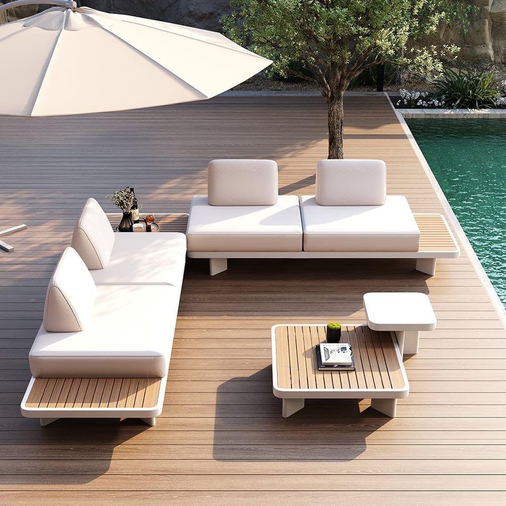homary Outdoor Modular Sectional Sofa Set, Pool Lounge Chairs 5-Piece Outdoor Patio Conversation Sets with Waterproof Cushion and Coffee Tables(Without Umbrella) for Patio, Balcony, Garden, Pool homary