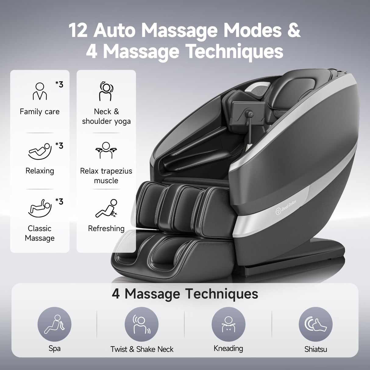 Real Relax Dual Core S Track Massage Chair,Full Body Recliner with Zero Gravity,Rocking Function,Back and Calf Heating,12 Auto Modes,Bluetooth,Foot Roller,Home or Office Use,Gray and Black Real Relax