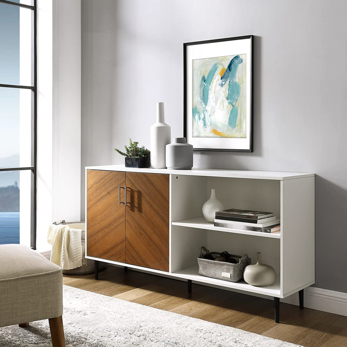 Walker Edison Fehr Modern 2 Door Bookmatch Asymmetrical Console for TVs up to 65 Inches, 58 Inch, White Walker Edison