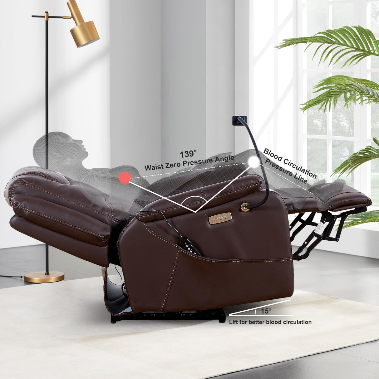 SoarTalent Zero Gravity Power Recliner Chairs for Adults 139°Single Sofa Chair Massage and Lumbar Heating with USB Port, Phone Holder, Side Pocket, Eco Leather(Brown) SoarTalent