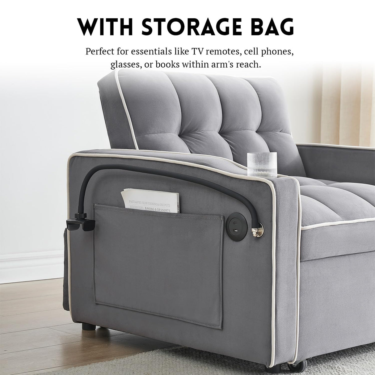 3 in 1 Sleeper Sofa Chair Bed,Velvet Convertible Sleeper Chair Bed,Pull Out Bed Chair With USB Port & Ashtray and Swivel Phone Stand & Storage Pockets,Modern Chair Sleeper Bed for Living Room jurmiture