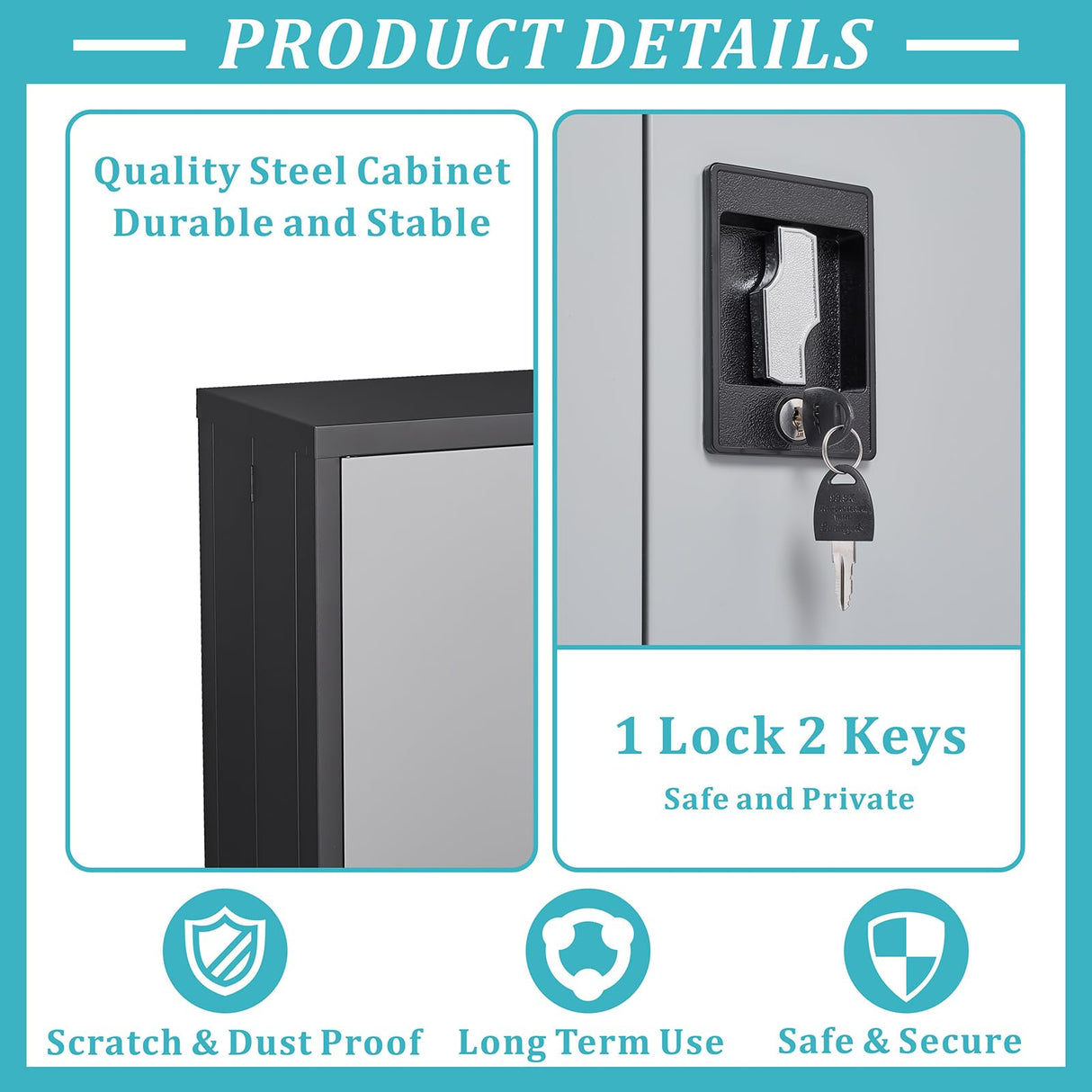 GREATMEET Metal Storage Cabinet with Locking Doors and Wheels,Garage Cabinet with Shelves for Home Office, Gym, School,Black+Grey GREATMEET