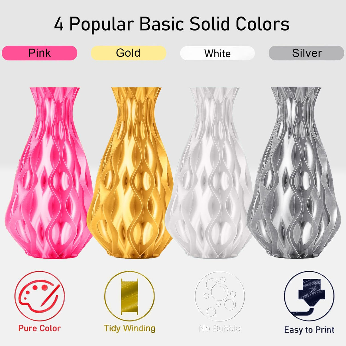 YOUSU 3D Printer Filament, 250G PLA Silk Filament Bundle, 1.75mm Smooth Silk Filament Muticolor, Silk PLA Filament 4 Color Pack 4x250g (Gold, Silver, Pink, White) Yousu