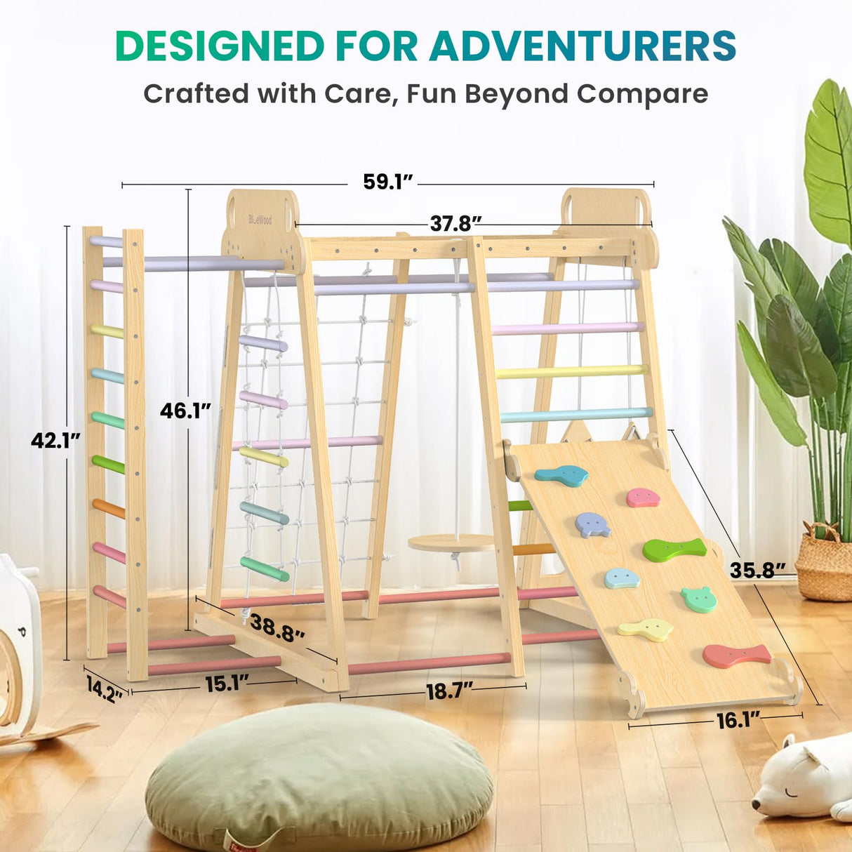 Upgraded Indoor Playground 9-in-1 Jungle Gym Kids Climbing Toys, Montessori Philosophy Waldorf Style Wooden Climber Playset with Slide, Swing, Monkey Bars, Upright/Rope Ladder, Climb Net, Rainbow BlueWood