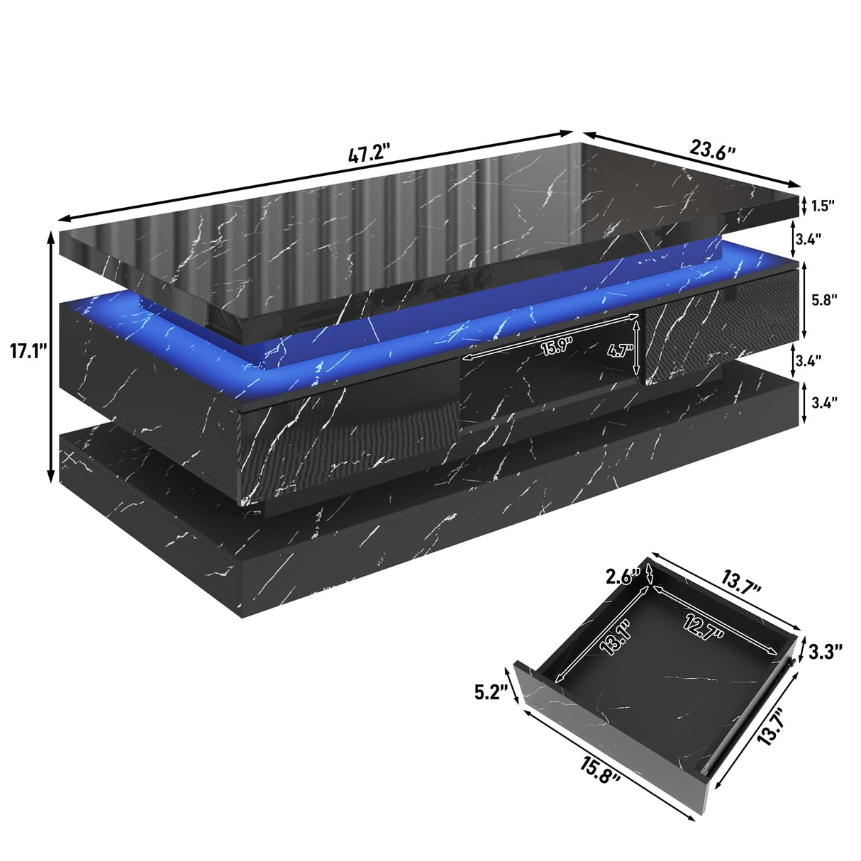 47.2 inch Modern High Glossy LED Coffee Table with 2 Sliding Drawers, Double-Layer Center Tables with LED Lights for Livings Room Furniture, Black chartustriable