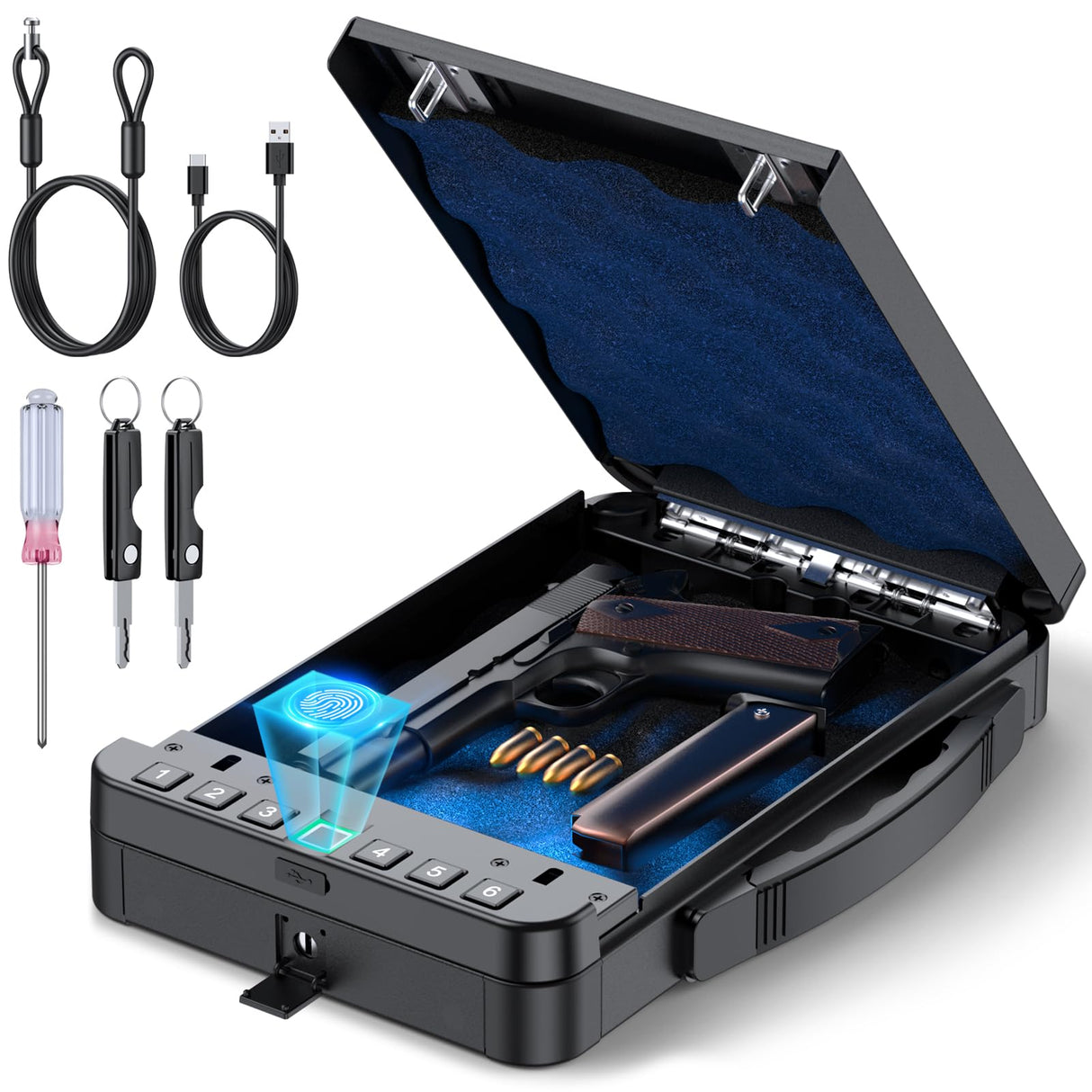 Portable Gun Safe for Handgun, Biometric Handgun Safe - Quick Access Fingerprint & Keypad Lock for Home/Car/Travel | USB Rechargeable | Fits Nightstand Drawer & Bedside TLITLIING