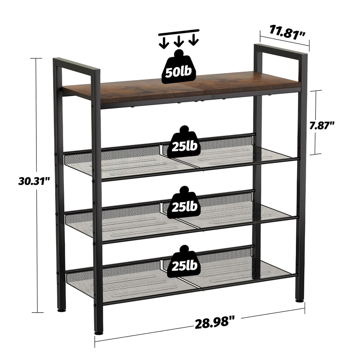 WIN4ALL Shoe Rack for Front Door Entrance, 4 Tier Shoe Rack for Entryway, 12-16 Pairs of Shoes, Metal Shoe Rack Organizer, Free Standing Shoe Rack for Closet (Black+Rustic Brown) WIN4ALL