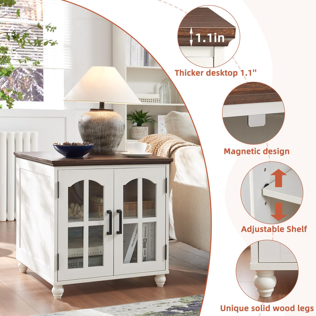 RWYHG Farmhouse End Table Set of 2 with Charging Station, 18'' Narrow Side Table and 24" Large Sofa Side Table with Glass Barn Door Storage, Wood Night Stand Bedside Table for Living Room,Bedroom RWYHG