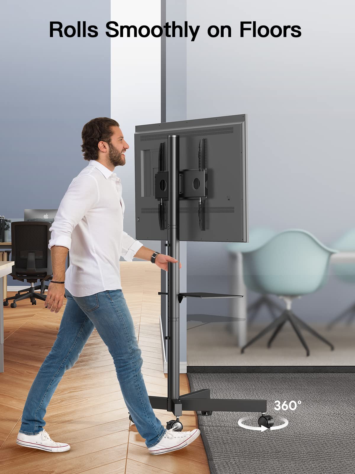 PERLESMITH Mobile TV Cart with Wheels for 23-60 Inch LCD LED OLED Flat Curved Screen Outdoor TVs Height Adjustable Shelf Floor Stand Holds up to 55lbs Monitor TV Holder with Tray Max VESA 400x400mm PERLESMITH