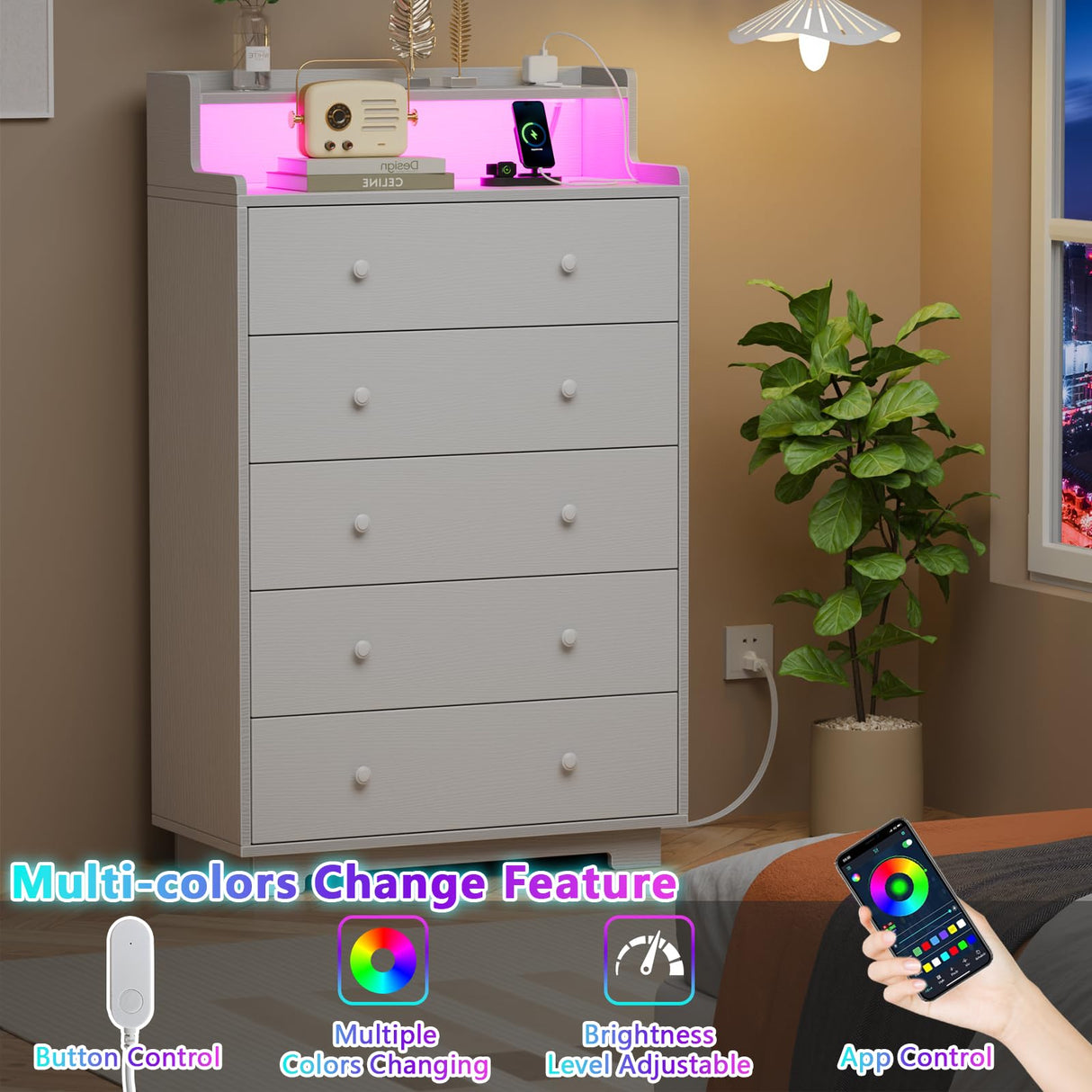 Furnulem Tall Chest of Drawers for Bedroom,5 Drawer Dresser with Charging Station and LED Light,Wood Deep Slide Drawer for Clothes,Blanket in Living Room, Closet,Entryway,White Dresser Furnulem