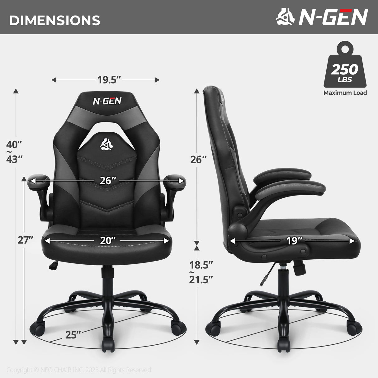 N-GEN Video Gaming Computer Chair Ergonomic Office Chair Desk Chair with Lumbar Support Flip Up Arms Adjustable Height Swivel PU Leather Executive with Wheels for Adults Women Men (Grey) NEO CHAIR