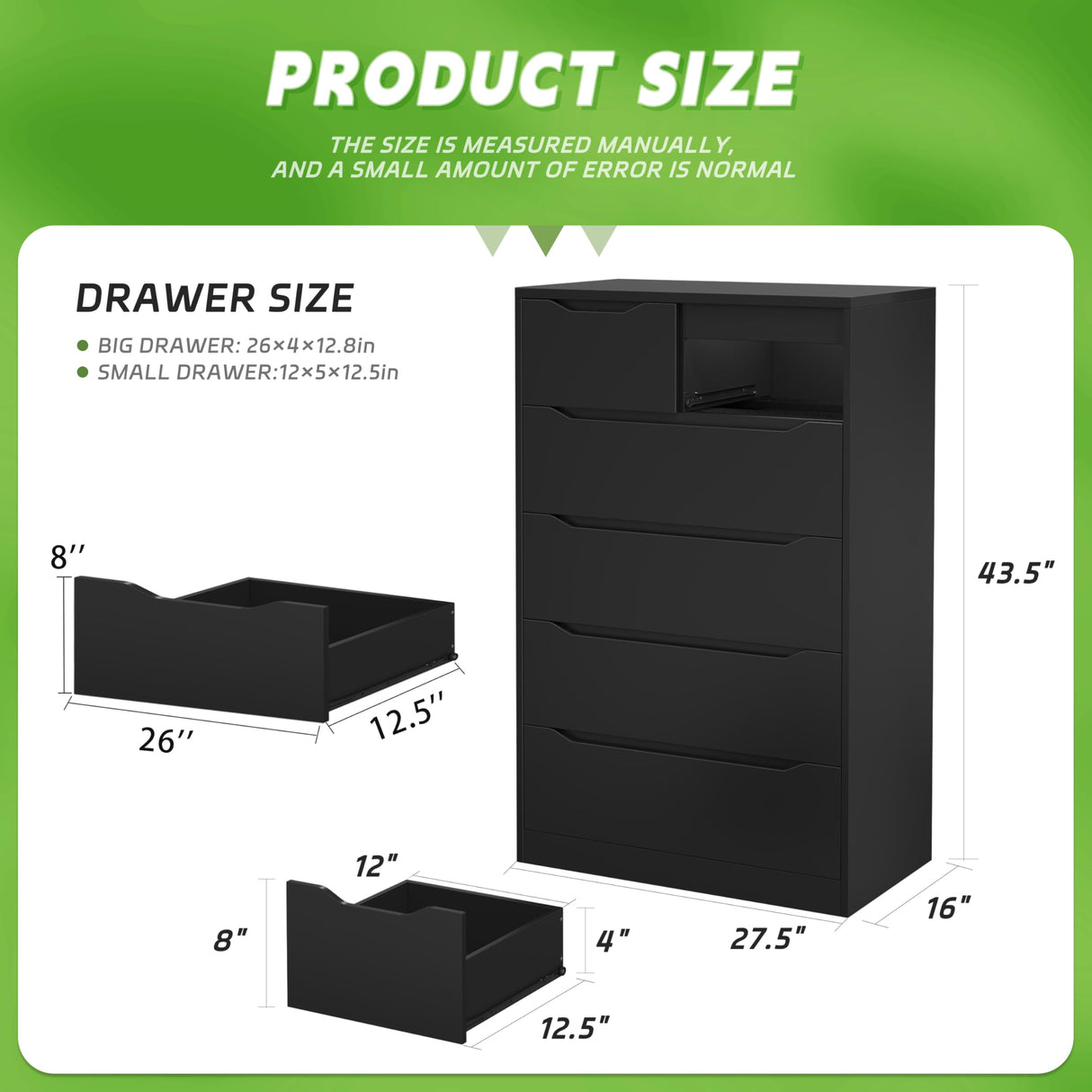 Greenvelly Black Dresser,Tall 6-Drawer Dresser for Bedroom, Wood Dresser with 6 Large Drawers, Wooden Dressers & Chests of Drawers, Black dresser with Smooth Metal Rail for Nursery, Women, Family Greenvelly