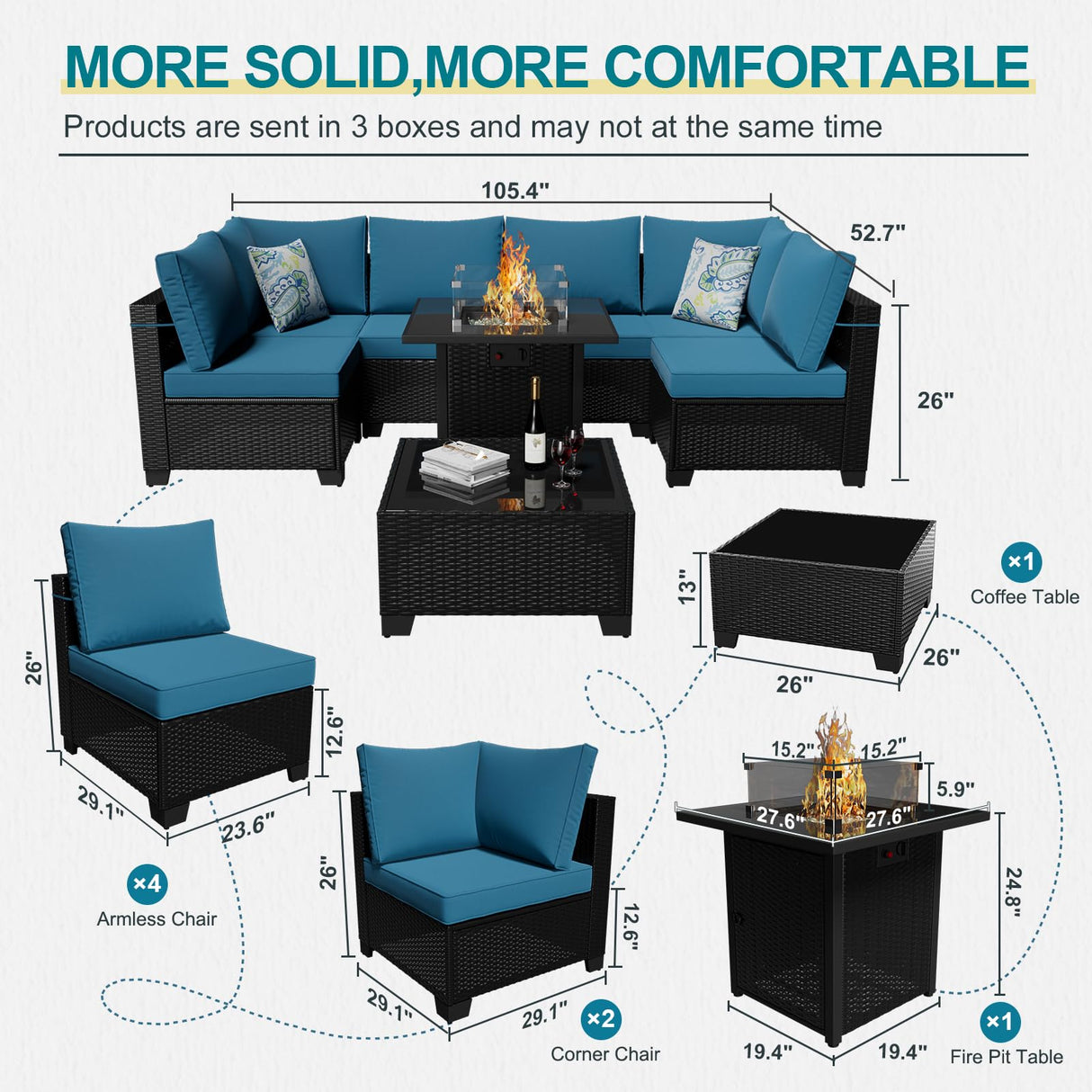 Ophelian 8 Piece Wicker Patio Furniture Set with Fire Pit Table, Rattan Outdoor Sectional Sofa, Patio Couch Set for Backyard, Garden, Deck (Coffee/Peacock Blue) Ophelian