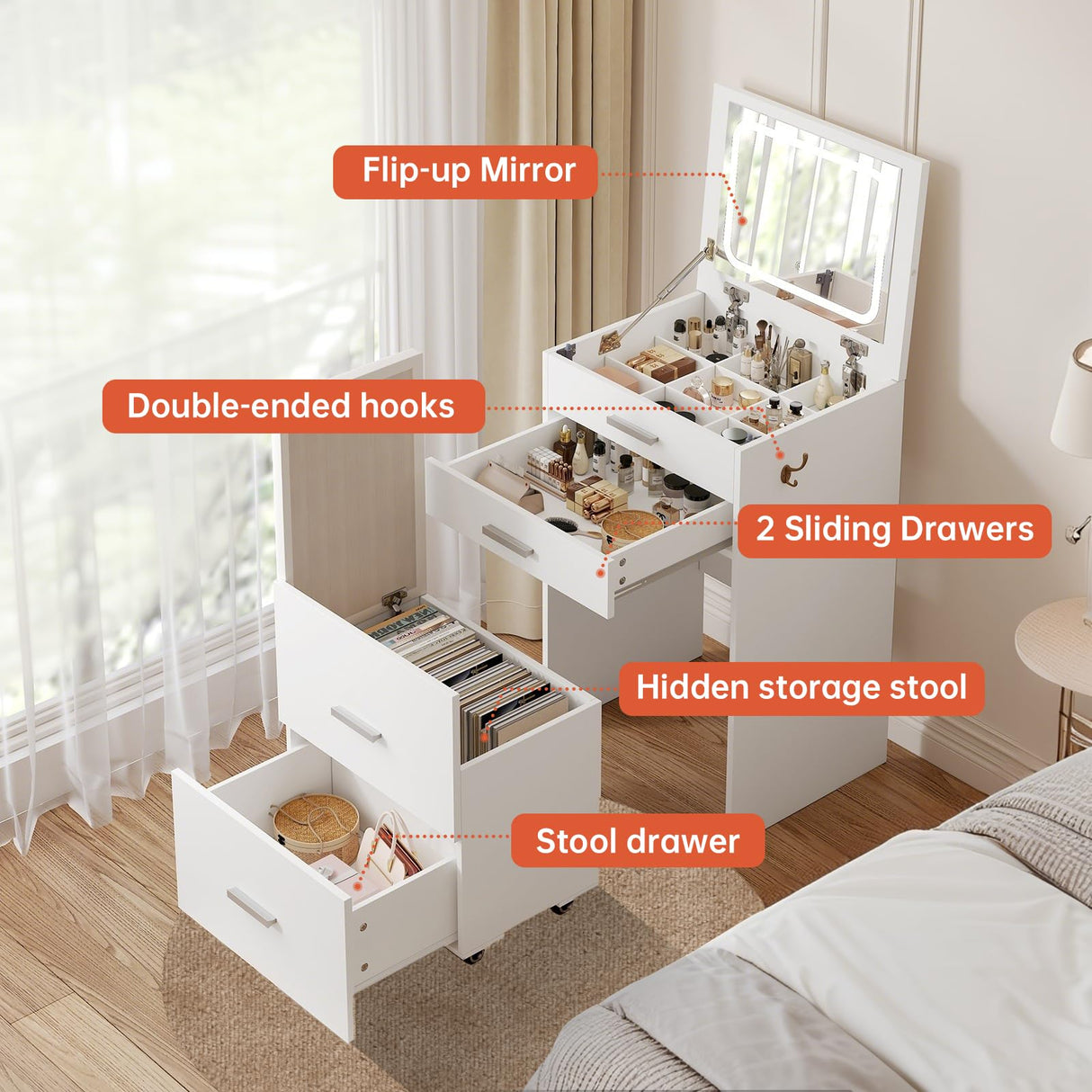 PulseFay Compact Vanity with 3 Drawers, 3 in 1 Vanity Desk, Makeup Desk with Flip-up 3 Colors Lighting Mirror and Cushioned Stool, Small Vanities Nightstand Perfect for Bedroom, White PulseFay