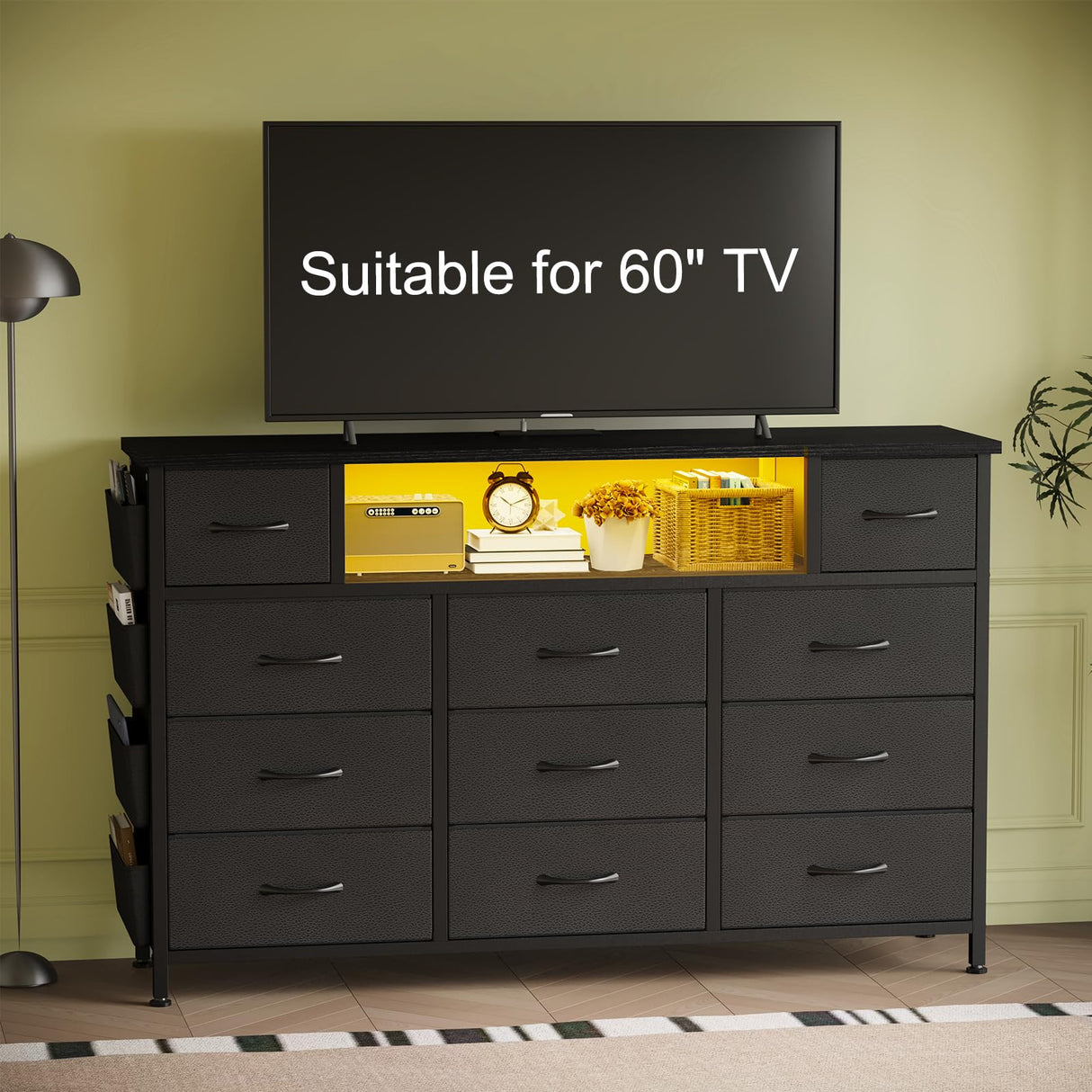 YGEOMER Black Dresser for Bedroom with Power Outlets and LED Lights 11 Drawers with Side Pocket, Fabric Drawers with PU Finish, Frame & Wood Top for 60inch TV Long Dresser Storage Organizer YGEOMER