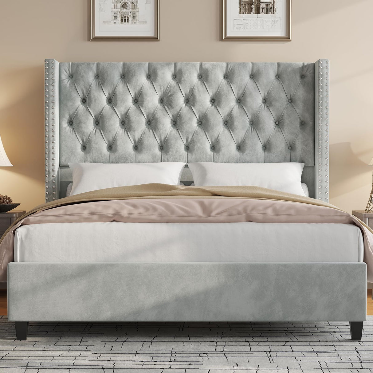 Jocisland Queen Size Bed Frame with 51.6” Wingback Tufted Velvet Headboard, Modern Upholstered Platform Bed, No Box Spring Needed, Easy Assembly, Light Grey Jocisland