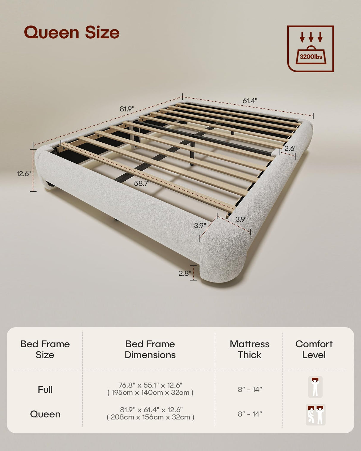 ZENBEDING Cloud Platform Bed Frame Queen Size, Soft Boucle Bed Frame with Round Corner, Upholstered Queen Bedframe with Heavy Duty Wood Slat, No Box Spring Needed, Easy Assembly, White ZENBEDING