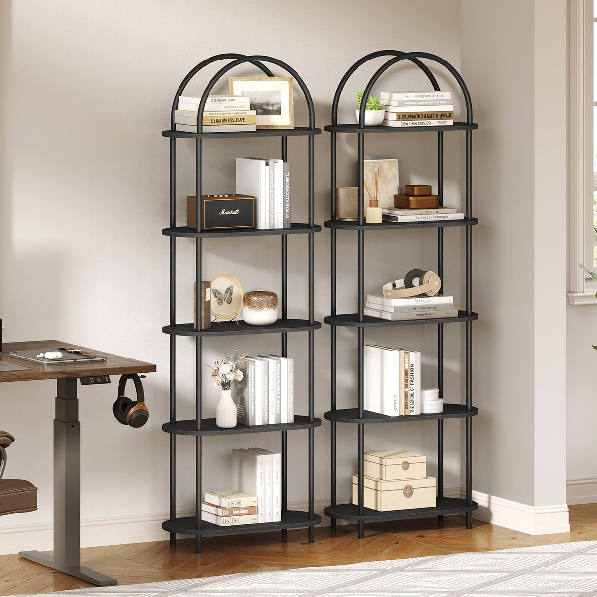 HOOBRO 5 Tier Open Bookshelf, Industrial Arched Bookcase Display Shelf Racks, Wooden Bookcase Storage Shelves Metal Frame, Tall Storage Organizer for Home, Easy Assembly, Black BB176SJ01 HOOBRO