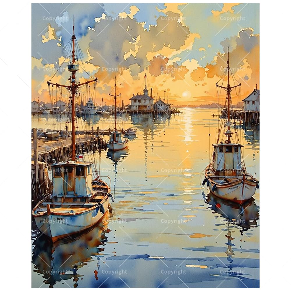 Landscape Paint by Numbers Kit for Adults - DIY Fishing Boats at Dock Sunset Scene Painting on Canvas 16x20 Inches, Acrylic Paint Set, Suitable for Beginners, Art for Home Decoration or Gifts DecorFriday