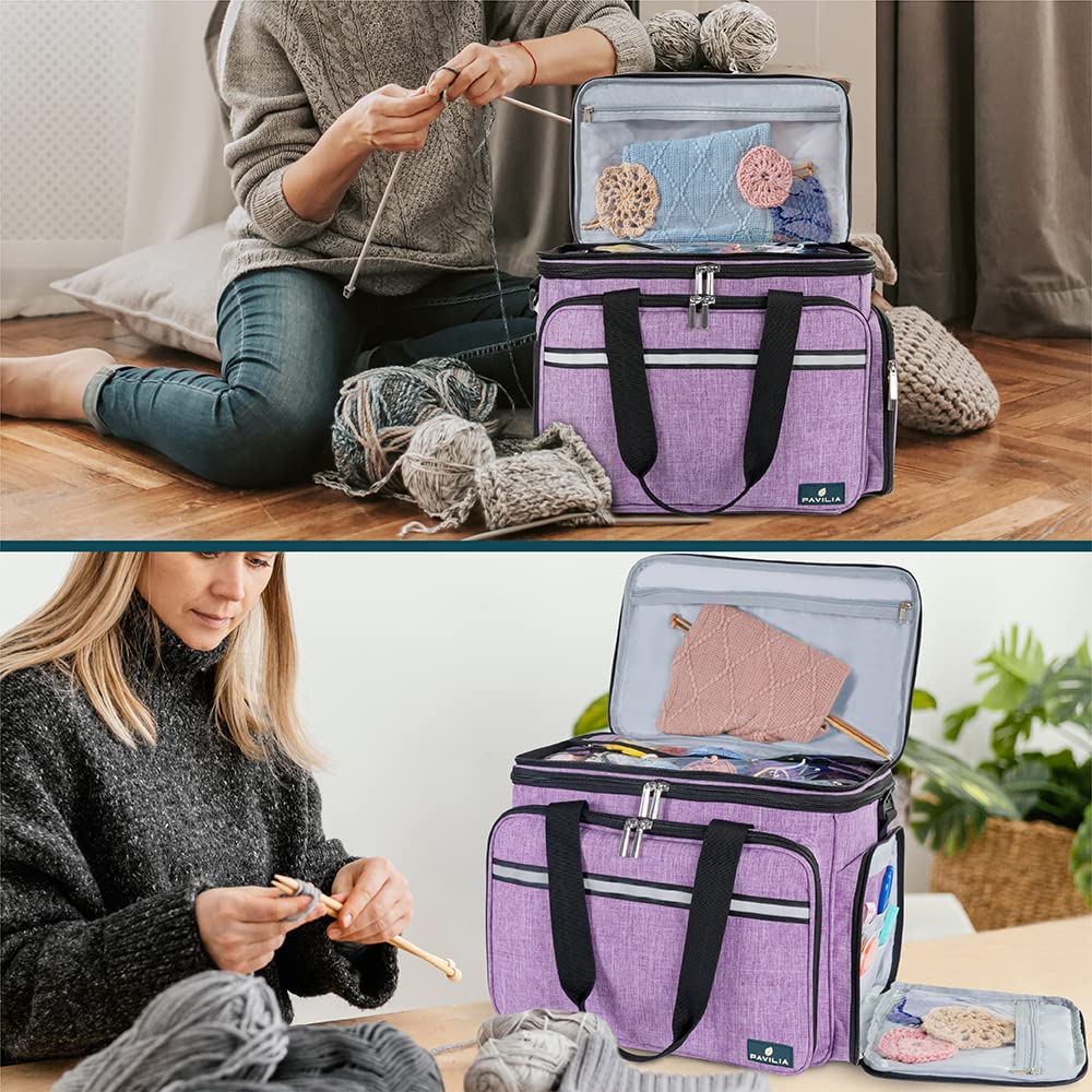 PAVILIA Knitting Bag Yarn Storage Tote, Large Crochet Organizer Bag, Yarn Storage Holder for Crocheting Knitter, Knitting Project Bag, Crochet Accessories Set, Gifts For Crochet Lovers, Heather Purple PAVILIA