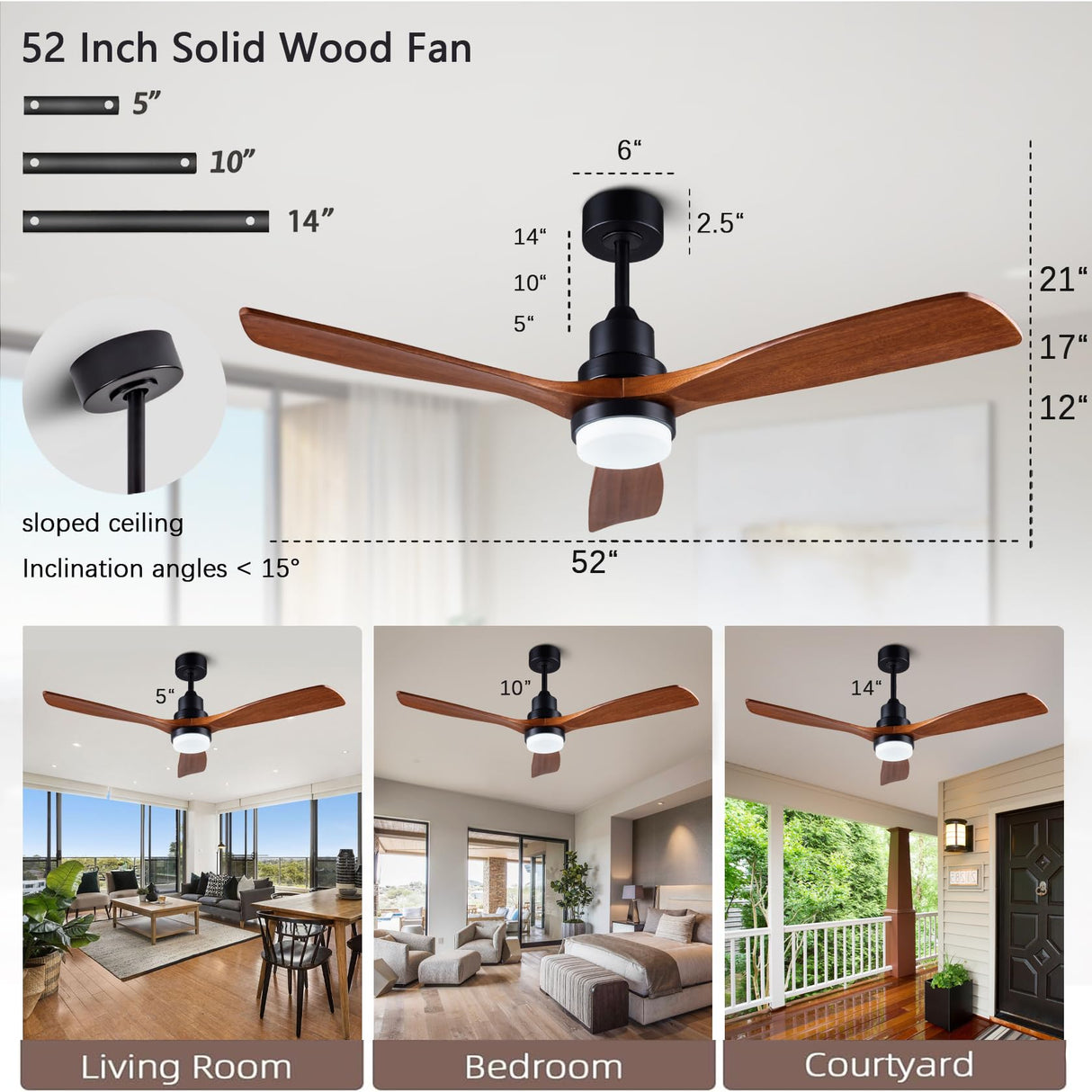 dearnow 52” solid wood ceiling fans with light 6 speeds remote/app control, solid wood ceiling fan with memory led dimmable color adjustable, quiet ceiling fan for living room, dining room. dearnow