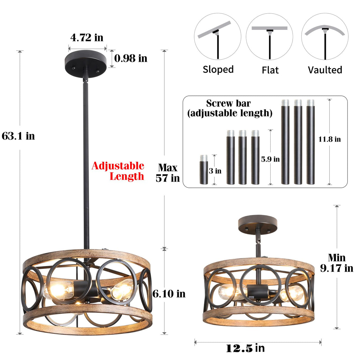 Galtlap Semi Flush Mount Ceiling Light, 3-Lights Modern Farmhouse Ceiling Lighting Fixture, Vintage Close to Ceiling Light for Kitchen Hallway Foyer Bedroom Black and Wood Grain Finish Galtlap