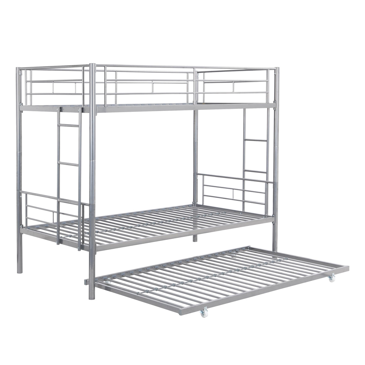 KEIKI Twin Over Twin Size Metal Detachable Bunk Bed Frame with 2 Side Ladder, Trundle and Guardrail, Modern Style Bunk Beds with Slats, No Box Spring Required, Easy Assembly, for Bedroom, Silver KEIKI