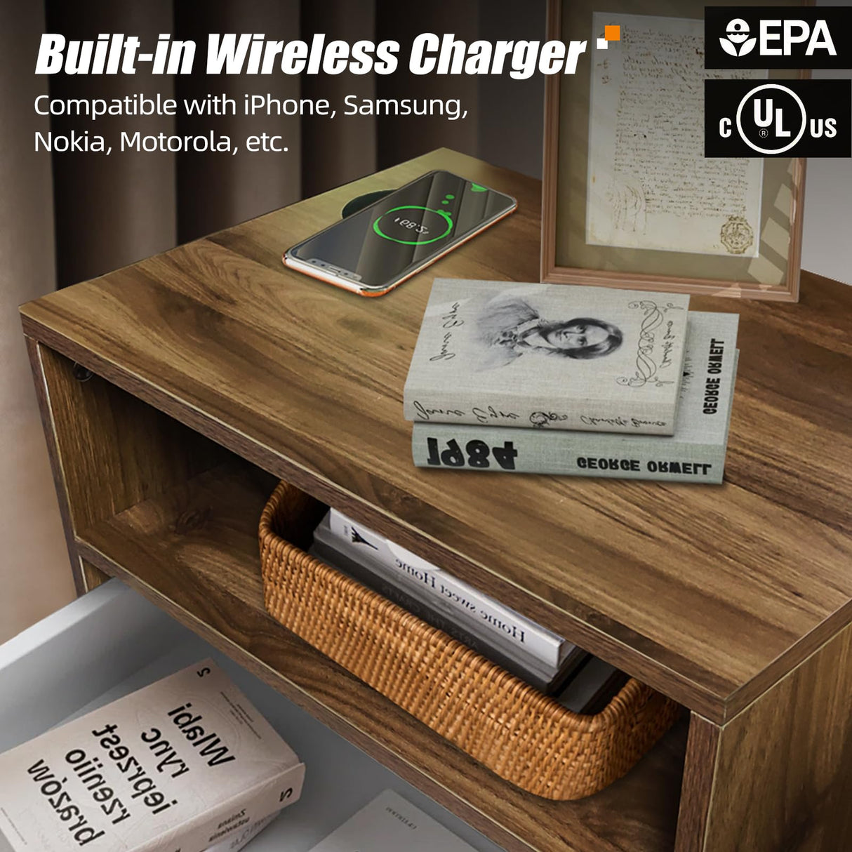 Wood Nightstand with Wireless Charging Station and Led Light - 20"W x 14"D x 24"H Mid Century Modern Nightstand with Charging Station, Walnut Nightstand with One Drawer, Outlet on Left,Solid Wood Legs Caredear