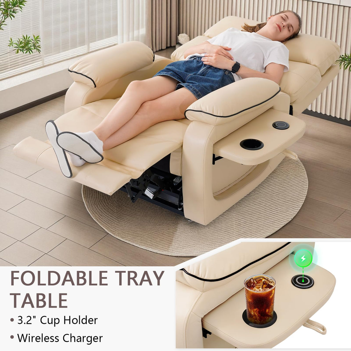 Dual Motor Power Lift Recliner Chair for Adult & Elderly, Infinite Position Lay Flat Lift Chair with Heat & Massage, Cup Holder, Lumbar Pillow, Wireless Charger, USB Ports, Leather (Beige) RESTREAL