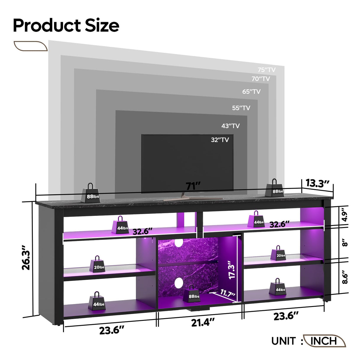 Bestier 70 Inch TV Stand, Tall LED Entertainment Center for 70/75/80 inch TV, Gaming TV Cabinet with Storage for PS5, Modern TV Console for Living Room Bedroom, Black Marble Bestier