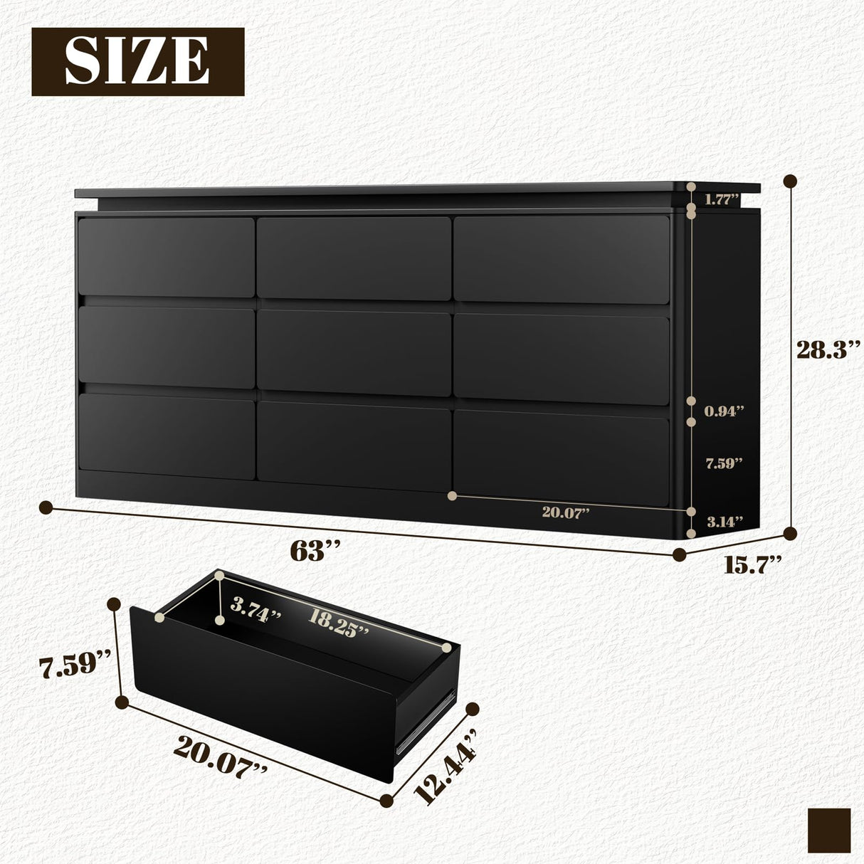 9 Drawer Dresser for Bedroom, 63" Long Black Chest of Drawers with Charging Station & LED Lights, Curved Anti-Collision Design,Wooden Closet Storage Cabinet,Modern Dresser TV Stand with Deep Drawers Gyfimoie