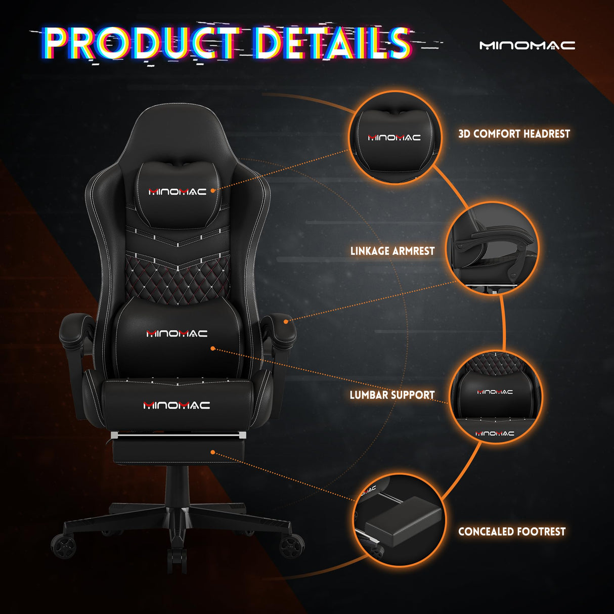 Gaming Chair, Computer Office Chair with Footrest, 155° Reclining Chair, Ergonomic High Back Computer Chair with Headrest and Lumbar Support for Adults and Kids(All Black) Gamtimer
