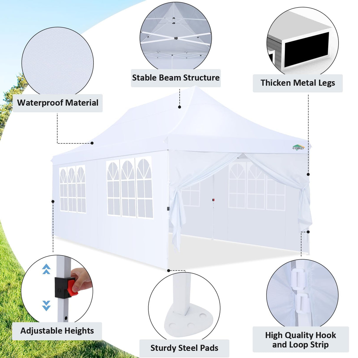COBIZI 10x20 Pop Up Canopy with 6 Sidewalls, Conical Party Tent 10x20 with 3 Adjustable Height Waterproof, UV-Resistant with Carry Bag, Sandbag, Stake, Tents for Parties, Commercial (Frame Upgraded) COBIZI