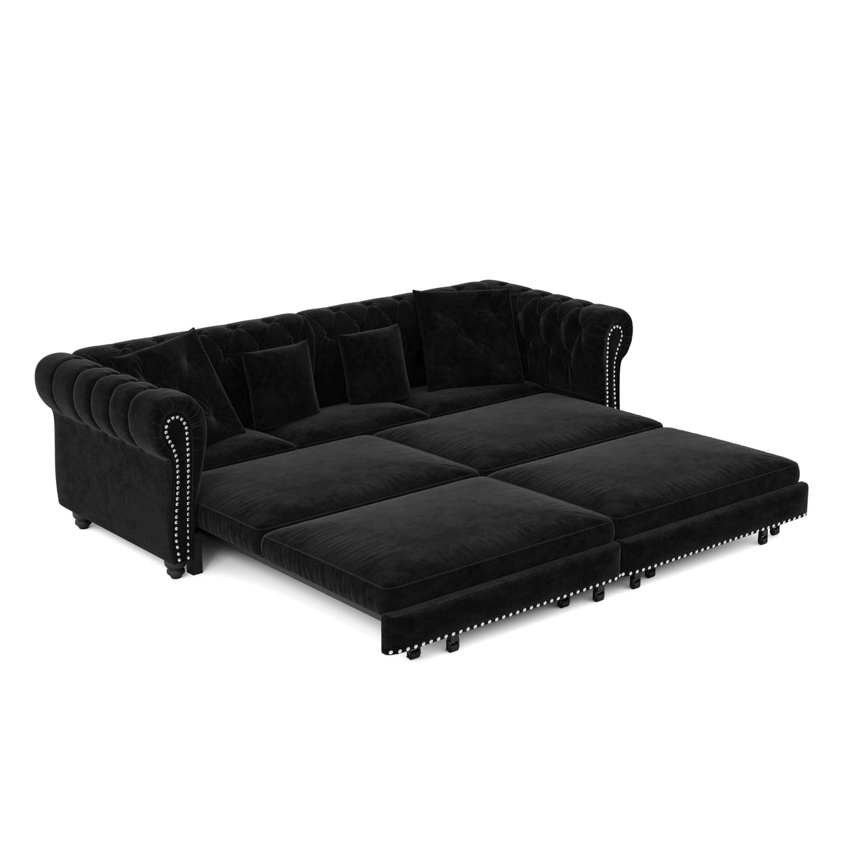 Tabaray 89'' Pull 0ut Sofa Bed King, Chesterfield Velvet Sleeper Sofa, Convertible L-Shaped Futon Couch, Tufted Back, 4 Pillows, Ottoman, Deep Seat Loveseat Couches for Living Room, Apartment, Black Tabaray