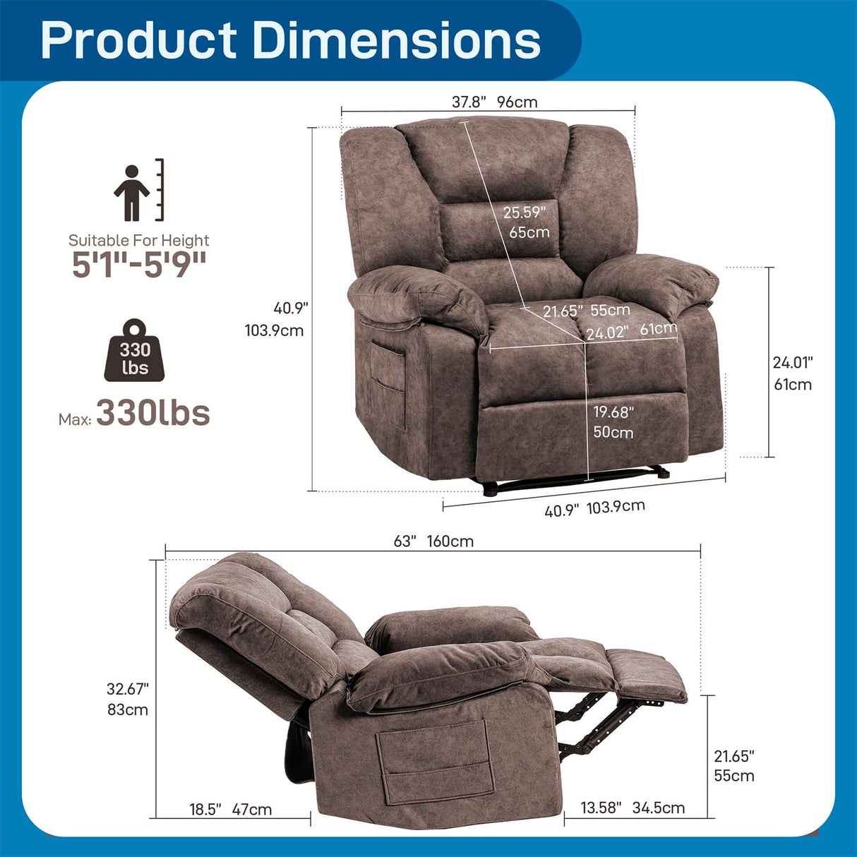 Fabric Lazy Boy Recliner Chair for Bedroom, Manual Reclining Chairs for Adults,Brown Recliner Chair with Adjustable Backrest & Foootrest/Overstuffed Cushion, Havy Duty (Brown) HRVEOCEI