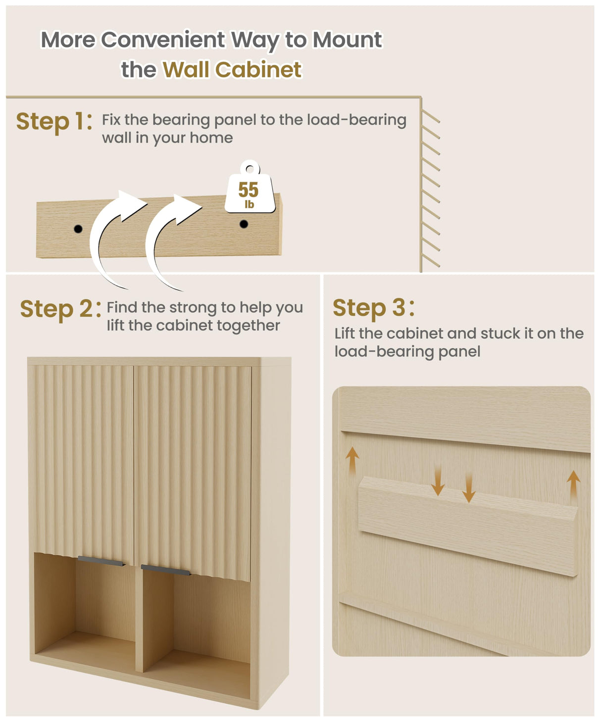 HAIOOU Fluted Bathroom Wall Cabinet with Motion Sensor Light, Curved Profile Wooden Medicine Cabinet Wall Mounted Cupboard, Wave Like Over Toilet Storage Cabinet with Buffering Hinges - Natural HAIOOU