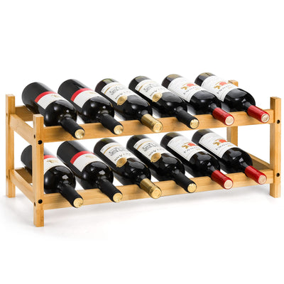 Nicunom Wine Rack Countertop, 2-Tier 12 Bottles Bamboo Wine Storage Rack, Wine Bottle Holder, Wine Display Shelf, Free Standing Wine Storage for Home, Pantry, Cabinet and Bar