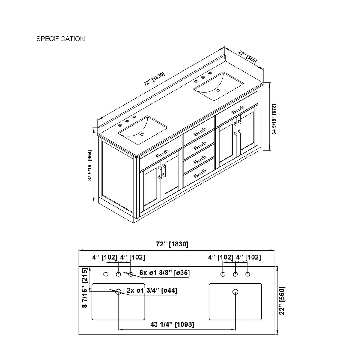 OVE Decors Bailey 72 in. W x 22 in. D x 34.5 in. H Bath Vanity in Driftwood Oak with White Engineered Quartz Top OVE Decors